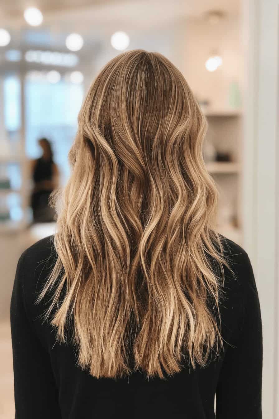 Rückansicht einer Frau mit langem, welligem Haar und blonden Strähnchen.