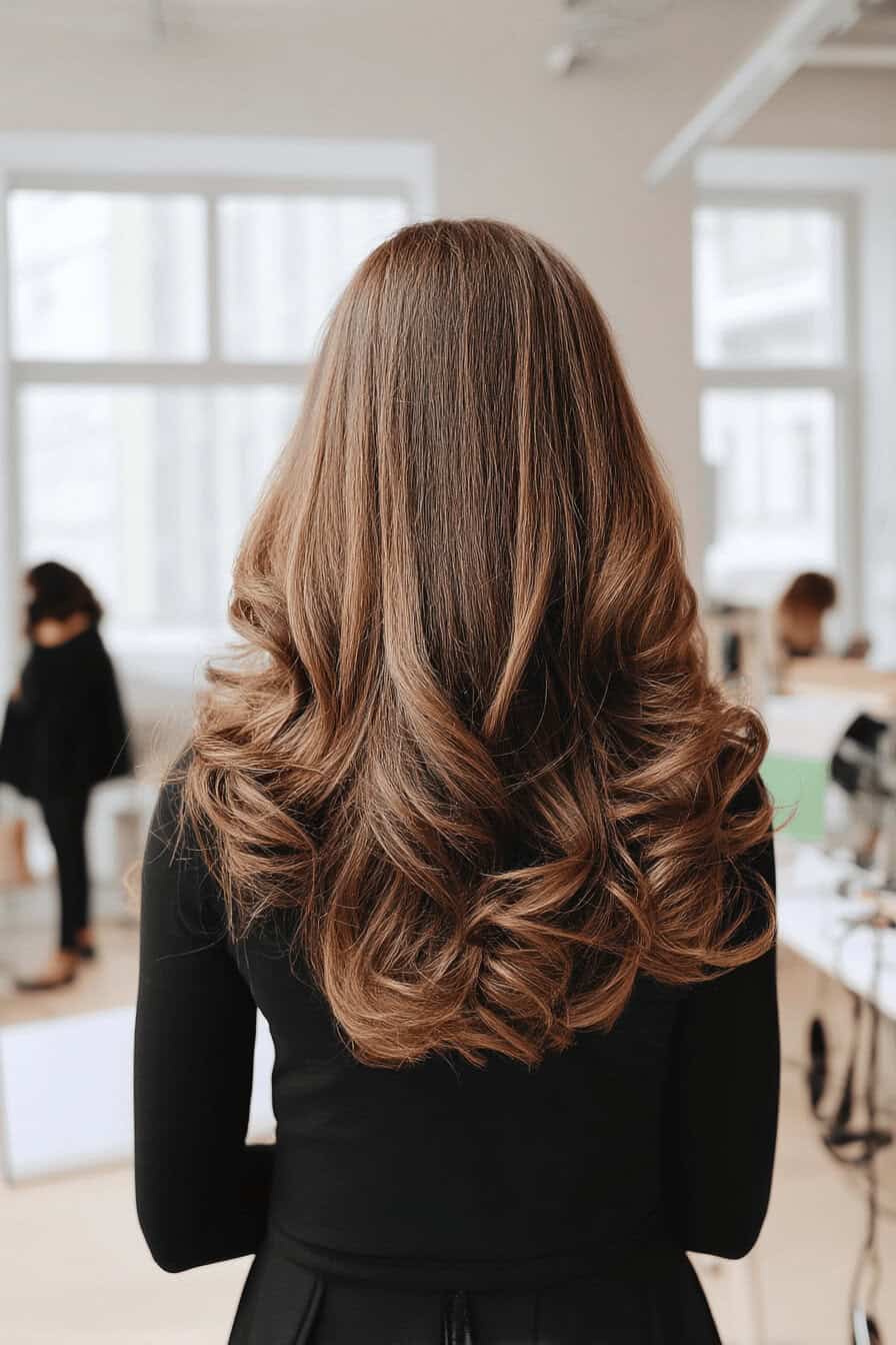 Frau mit langen, voluminösen Locken, die in einem eleganten Stil fallen.