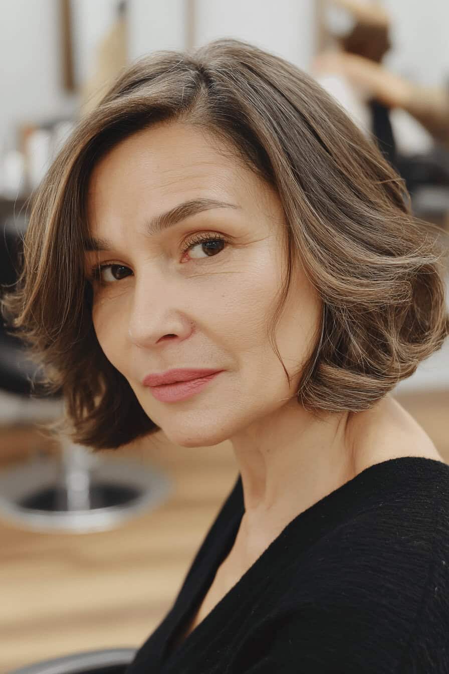 Frau mit schulterlangem, gewelltem Bob in einem Friseursalon.