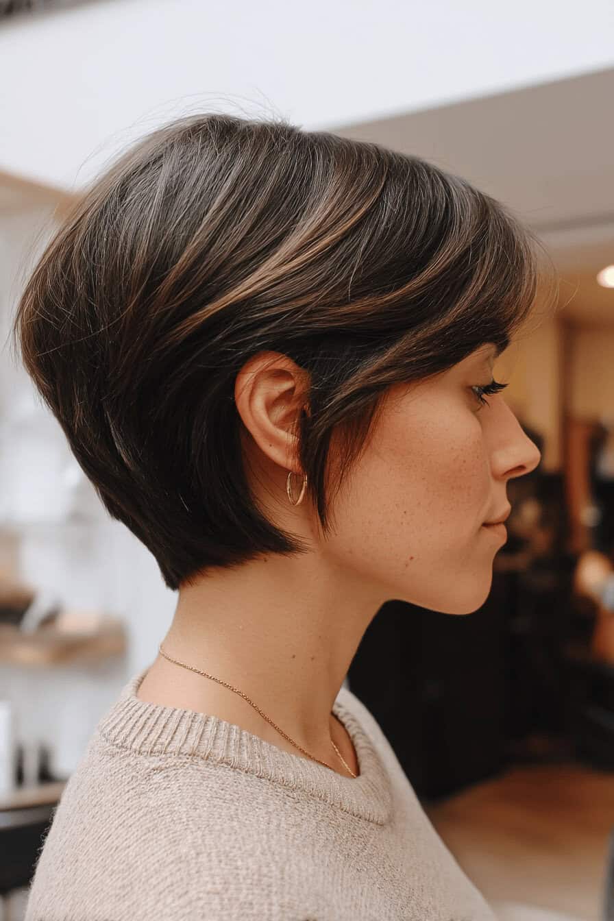 Seitenansicht einer Person mit elegant gestyltem, kurzem Bob mit Lagen.