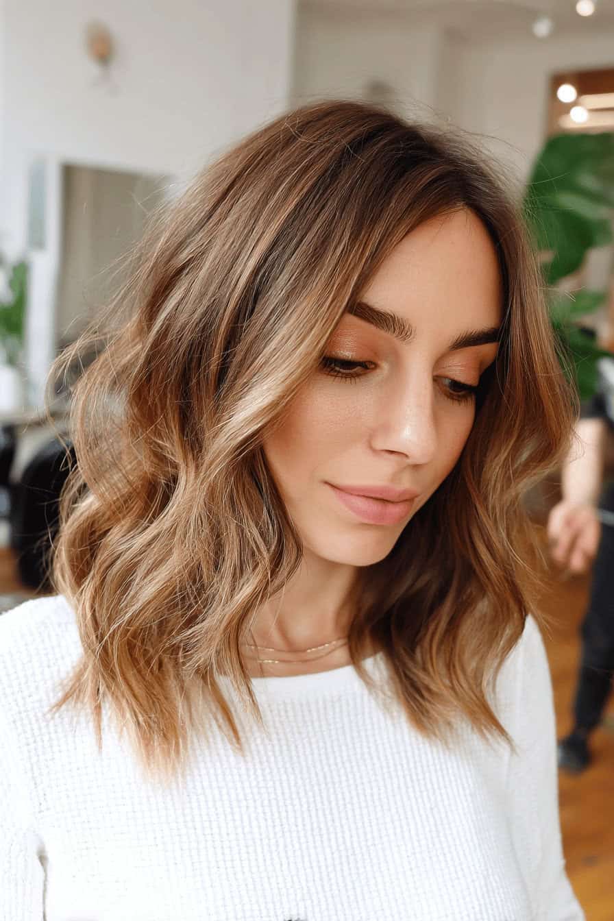 Frau mit einem soften Layered Shag Haarschnitt.