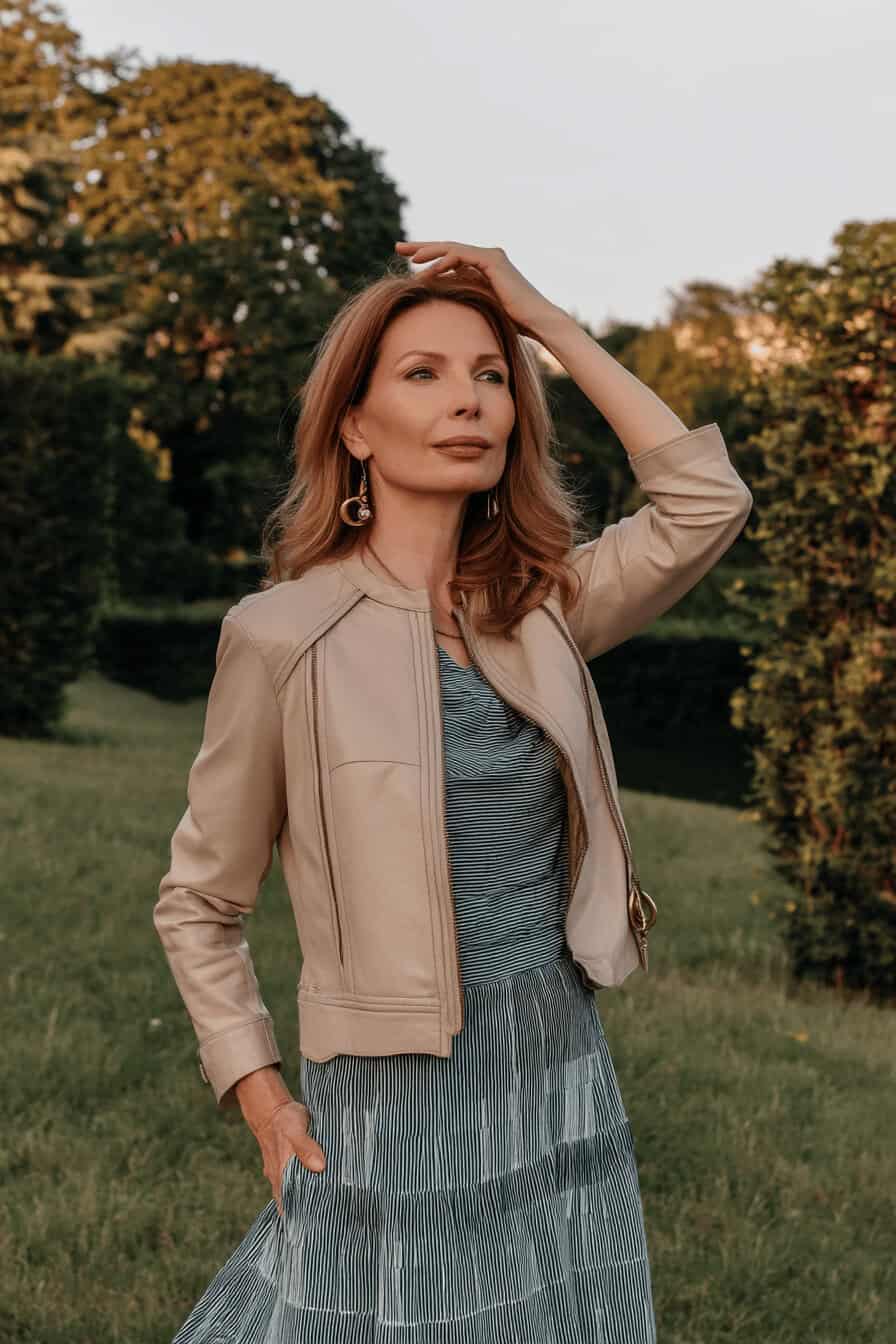 Frau in blauer Sommerkleidung und leichter beiger Jacke im Park.