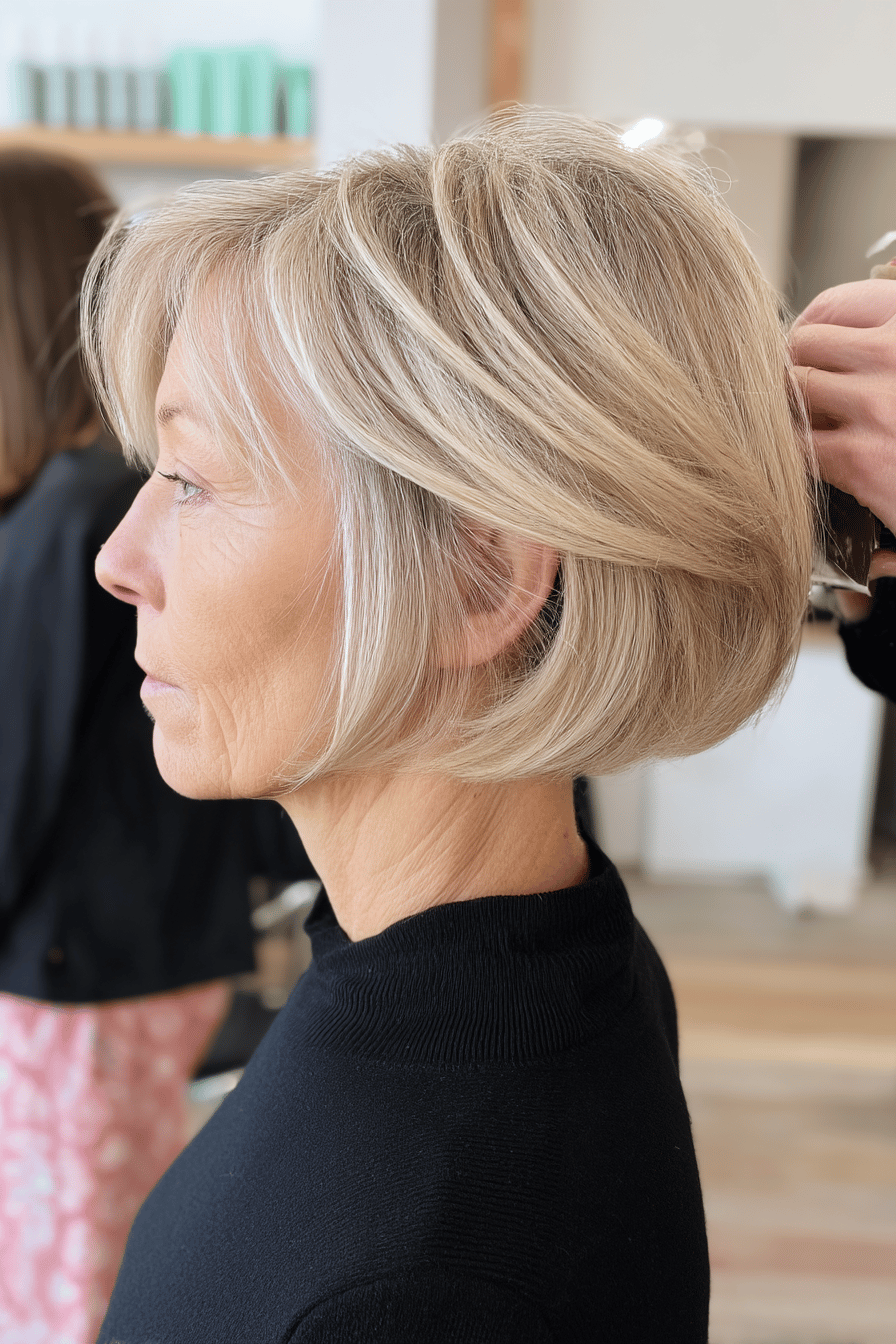 Seitliche Ansicht einer Frau mit kinnlangem, blonde Bob-Frisur.
