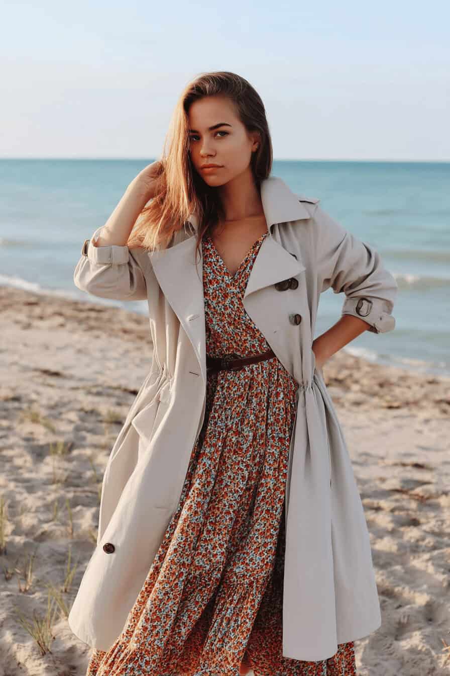 Frau im leichten Trenchcoat und Blumenkleid am Strand.