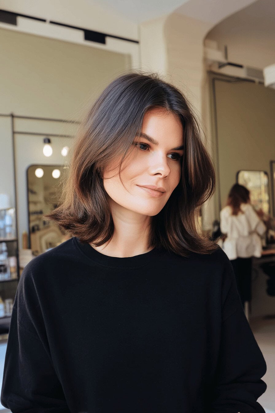 Eine Frau mit einem stilvollen Lob Cut Frisur, mittellanges braunes Haar, in einem modernen Friseursalon.