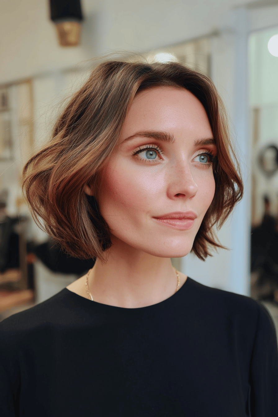 Frau mit mittellangem Lob-Haarschnitt und Highlights