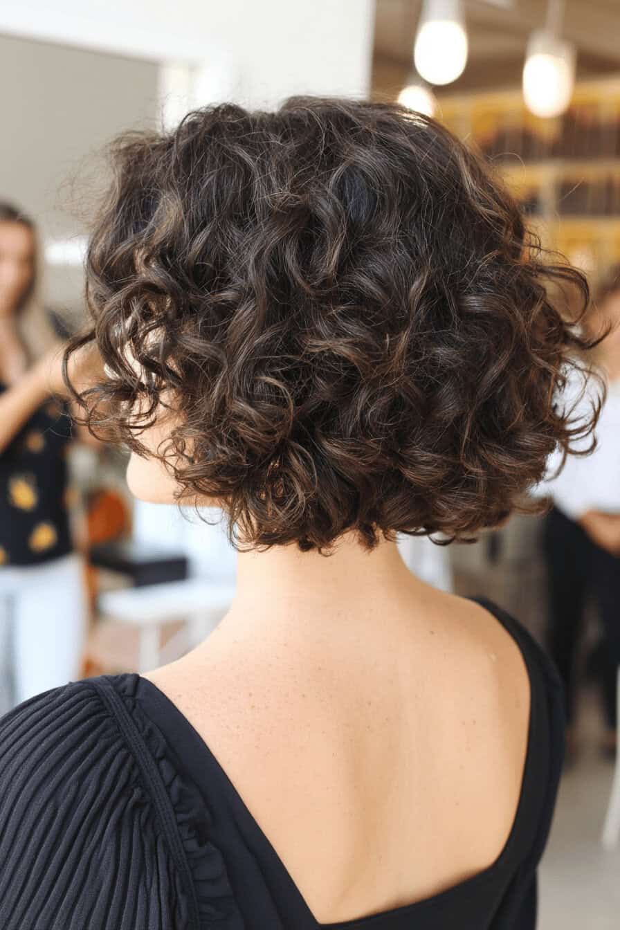 Eine Person mit einem lockigen Bob-Haarschnitt, der perfekt gestylt ist.