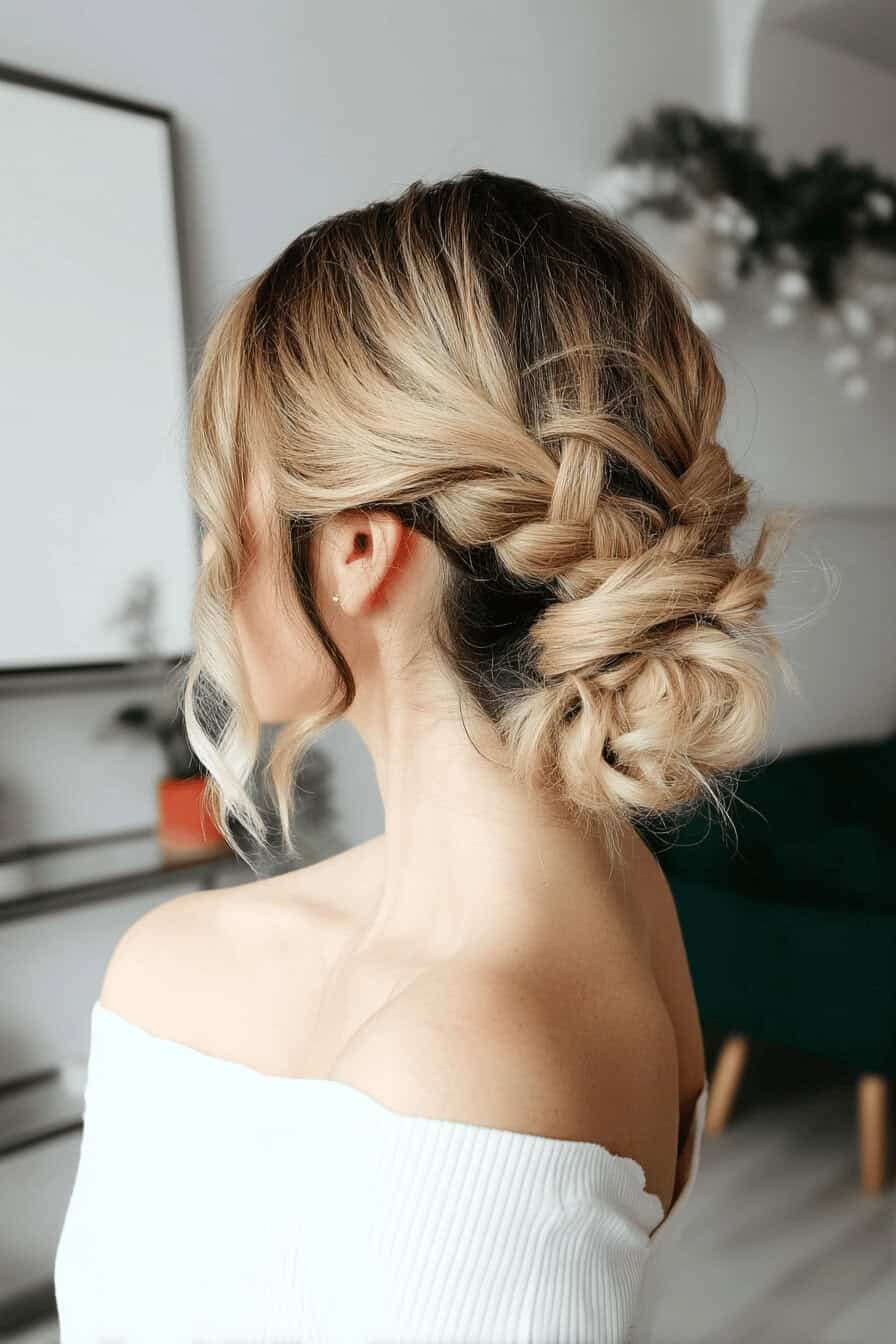 Frau mit lockerem, geflochtenem Dutt in elegantem Ambiente.