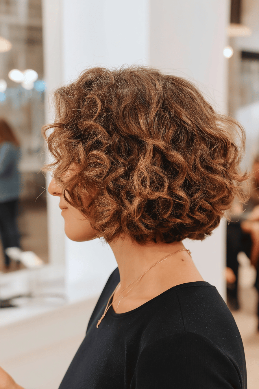 Lockiger Bob bei einer Frau in einem Friseursalon.