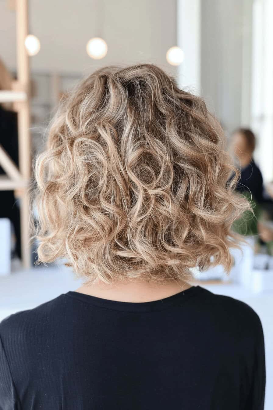 Blond gelockter Bob, der stilvoll und voluminös wirkt.