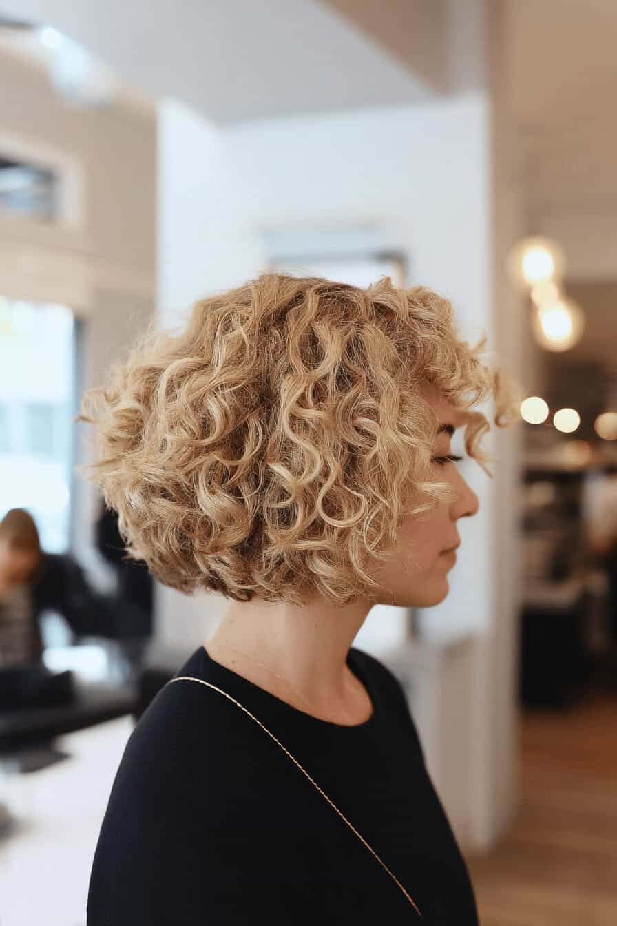 Frau mit einem blonden, lockigen Bob im Profil.