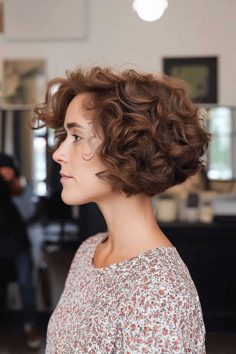 Frau mit lockigem Bob im Profil, stilvoll im Friseursalon.