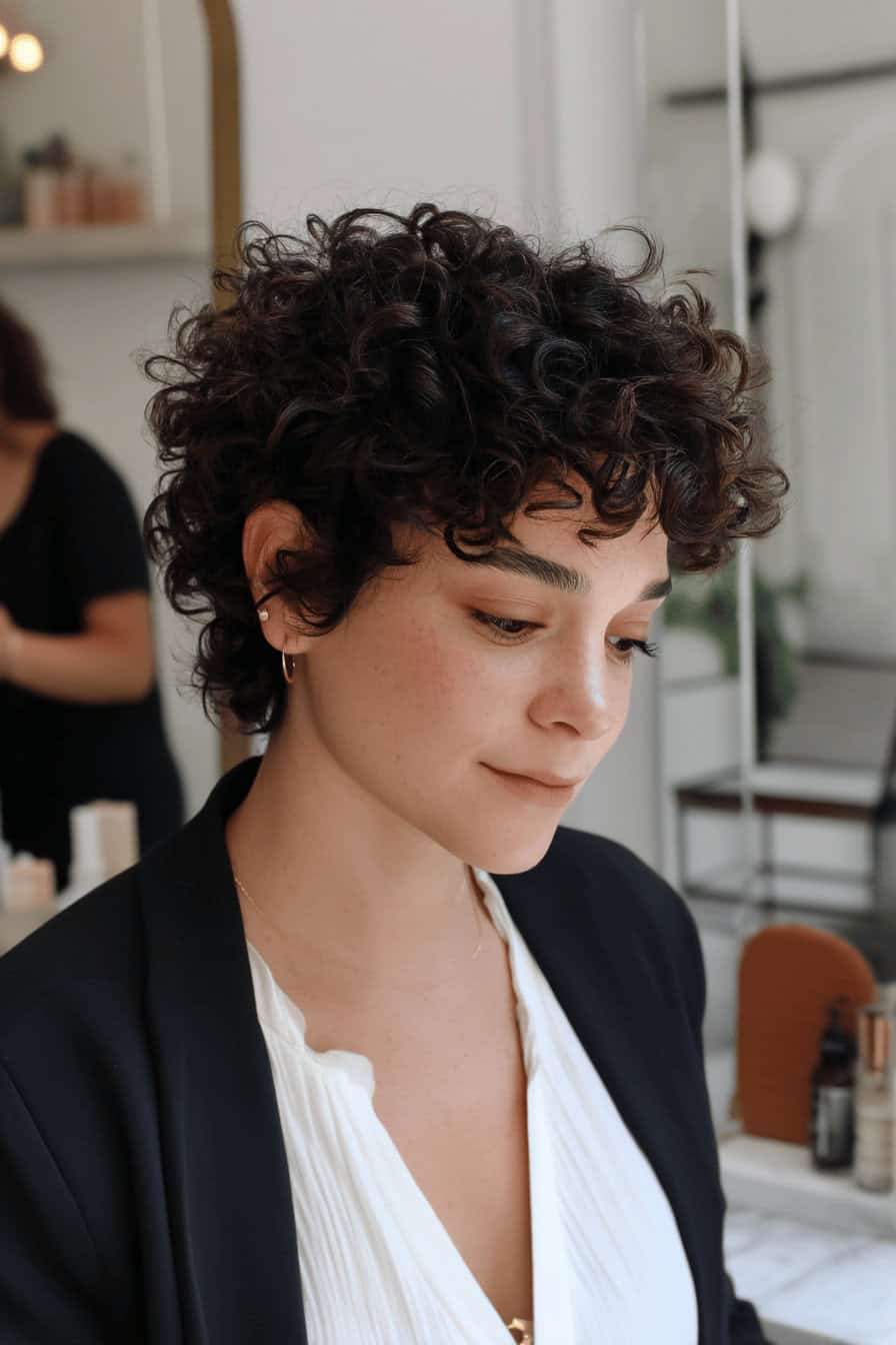 Frau mit einem lockigen Kurzhaarschnitt im Shag-Stil