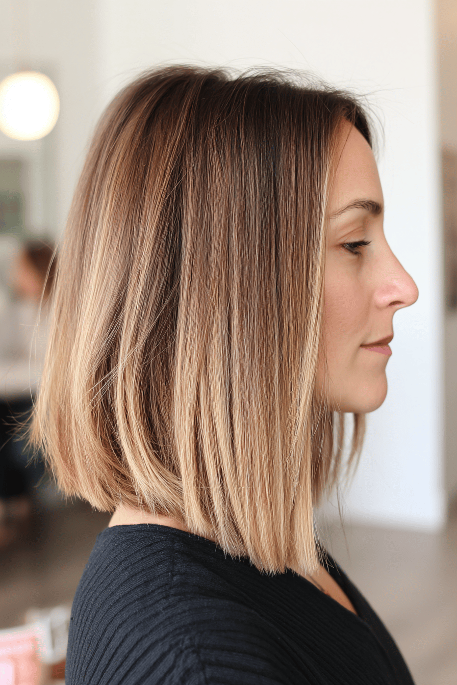 Seitliche Ansicht eines Long Bob mit Balayage in einem Friseursalon.