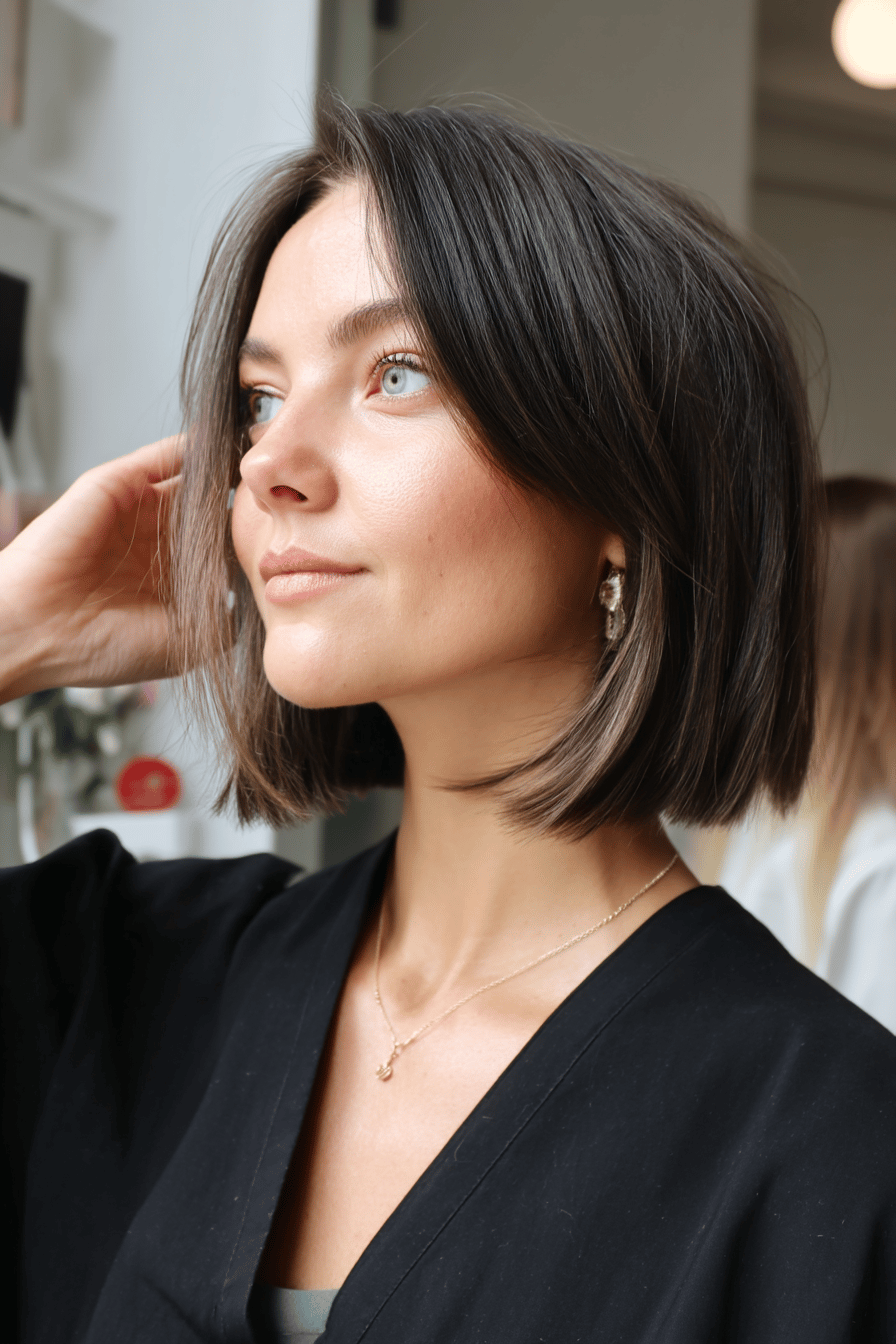 Frau mit dunkelbraunem, dickem Long Bob und eleganten Ohrringen.