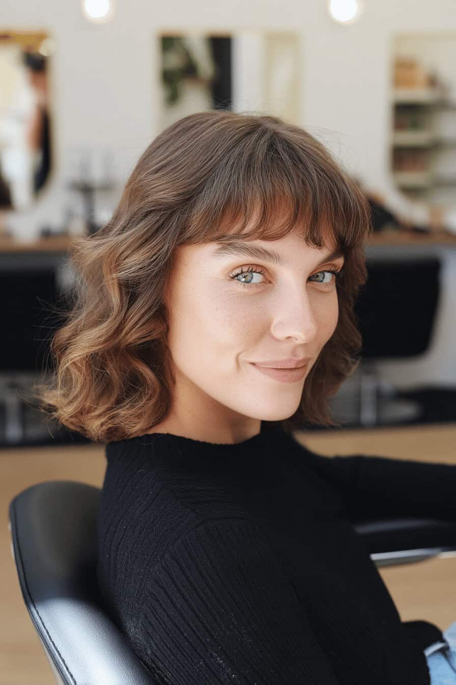 Frau mit welligem Long Bob und Pony.