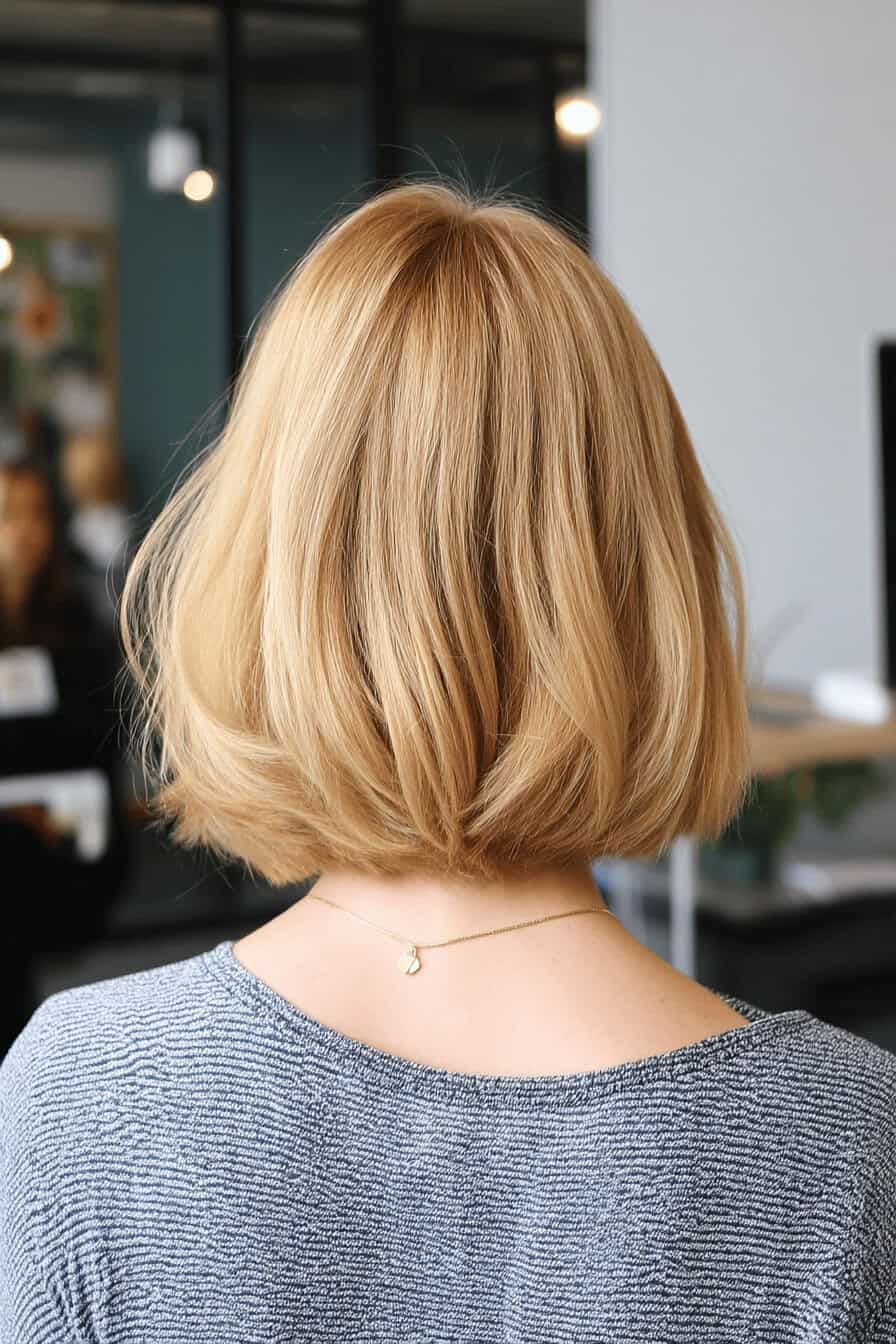 Rückansicht eines Long Bob Haarschnitts auf blondem, glattem Haar.