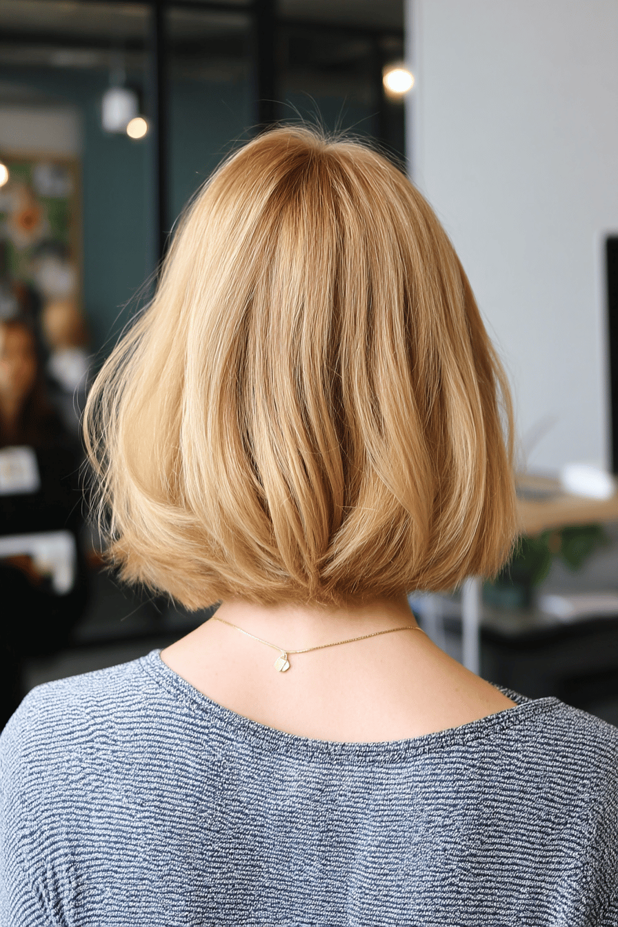 Rückansicht eines Long Bob Haarschnitts auf blondem, glattem Haar.
