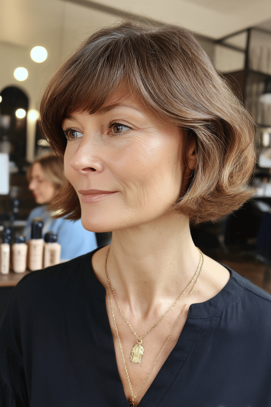 Frau mit elegantem Long Bob und schickem Outfit