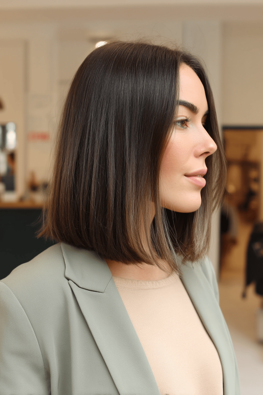 Seitliches Profil einer Frau mit Long Bob und Mittelscheitel.
