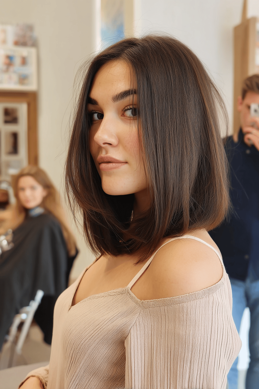 Eine Frau mit einem glatten, schulterlangen Long Bob im Friseursalon.
