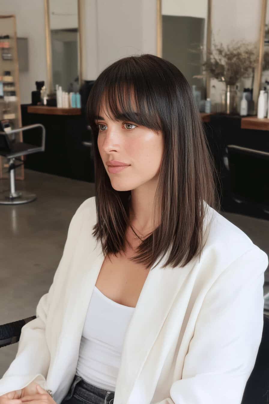 Frau mit glattem Long Bob und Pony in einem modernen Friseursalon.