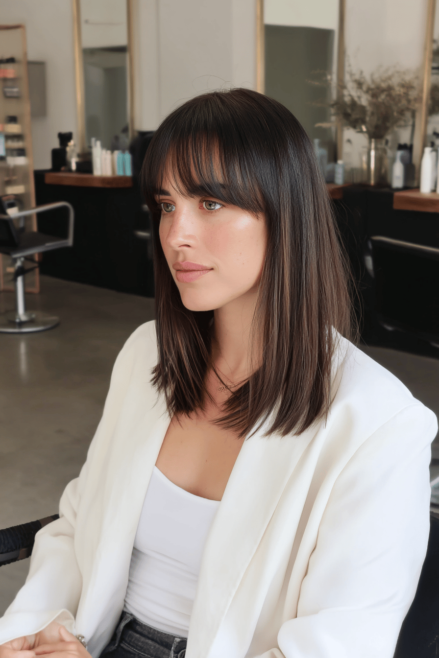 Frau mit glattem Long Bob und Pony in einem modernen Friseursalon.