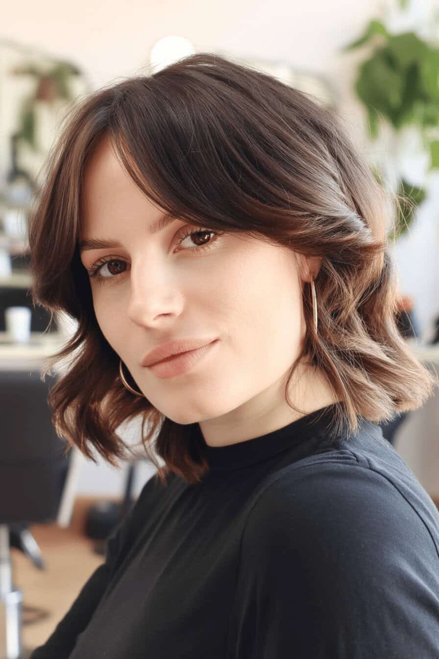 Frau mit einem eleganten Long Bob Haarschnitt in einem Friseursalon.