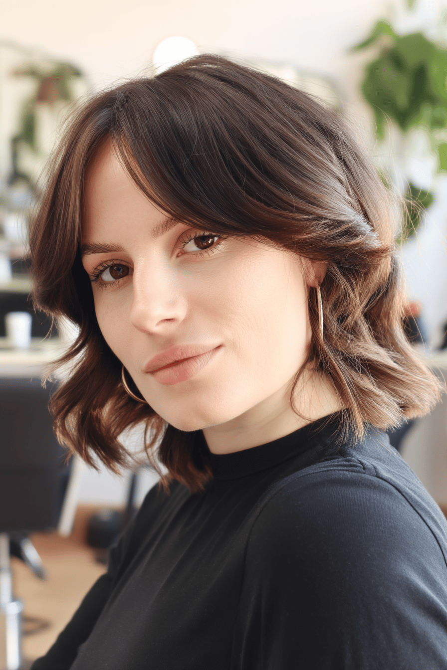 Frau mit einem eleganten Long Bob Haarschnitt in einem Friseursalon.