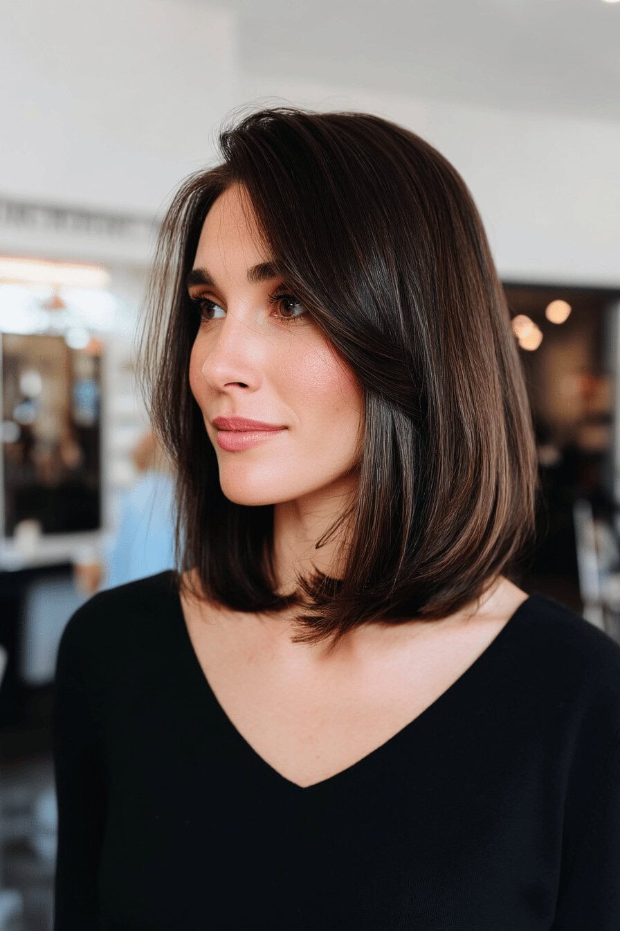 Frau mit Long Bob und Seitenscheitel in einem Salon.