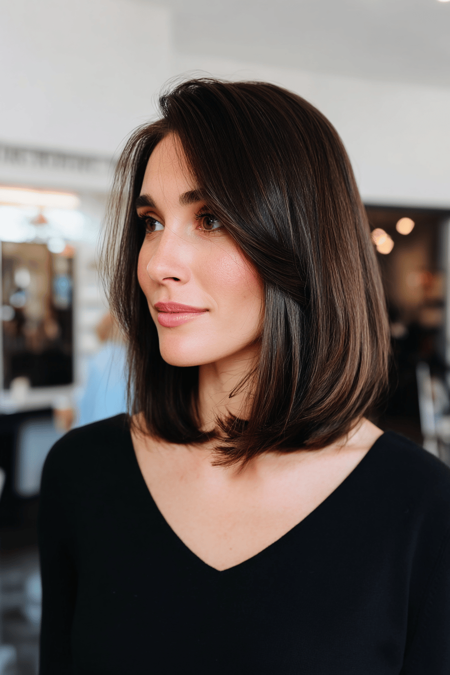 Frau mit Long Bob und Seitenscheitel in einem Salon.