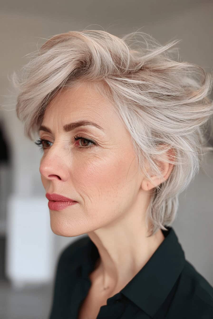 Elegante Frau mit einem modernen Long Shag Haarschnitt.