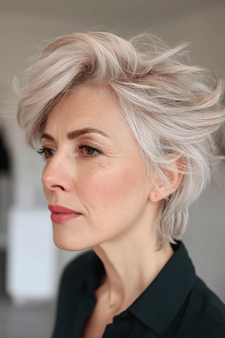 Elegante Frau mit einem modernen Long Shag Haarschnitt.