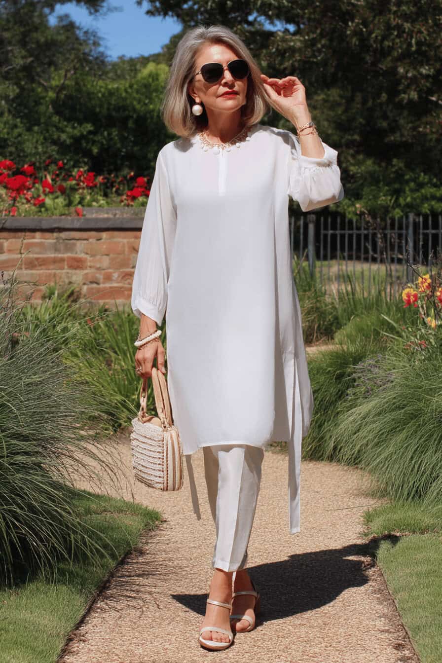 Dame in weißer Tunika und beiger Hose im Garten.