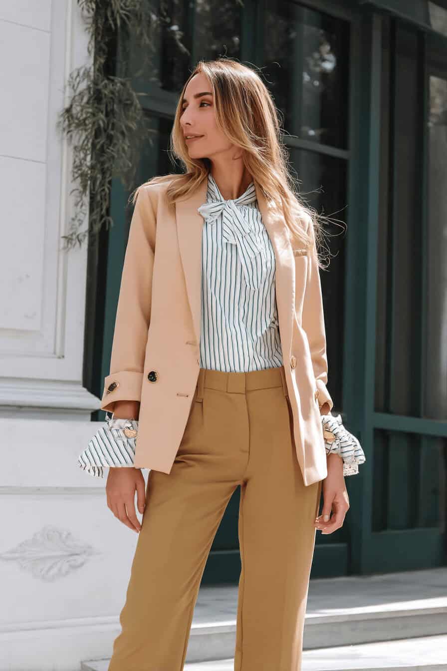 Frau in beigem Blazer mit gestreifter Bluse, die elegant posiert.