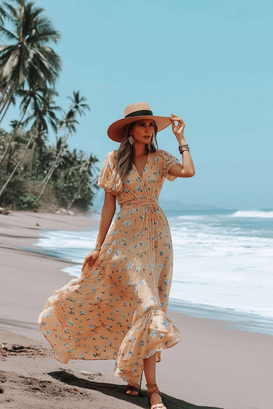 Frau in einem blumigen Maxikleid und Hut am Strand.