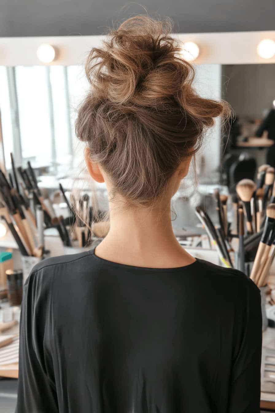 Rückansicht eines lockeren Dutt auf mittellangem Haar, umgeben von Kosmetikpinseln.