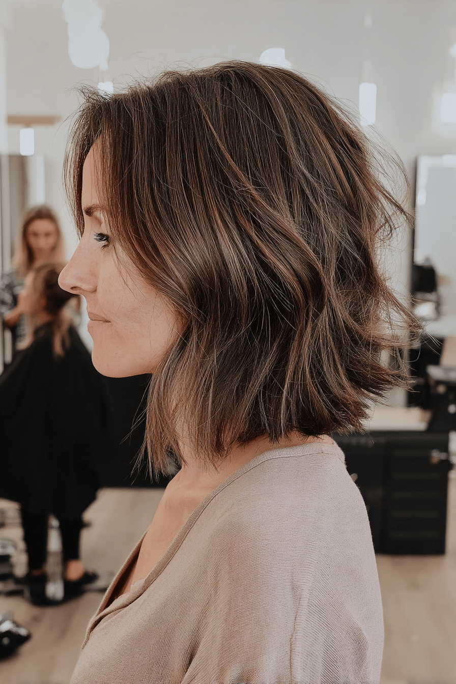 Frau mit gestufter, halblanger Frisur in einem Salon