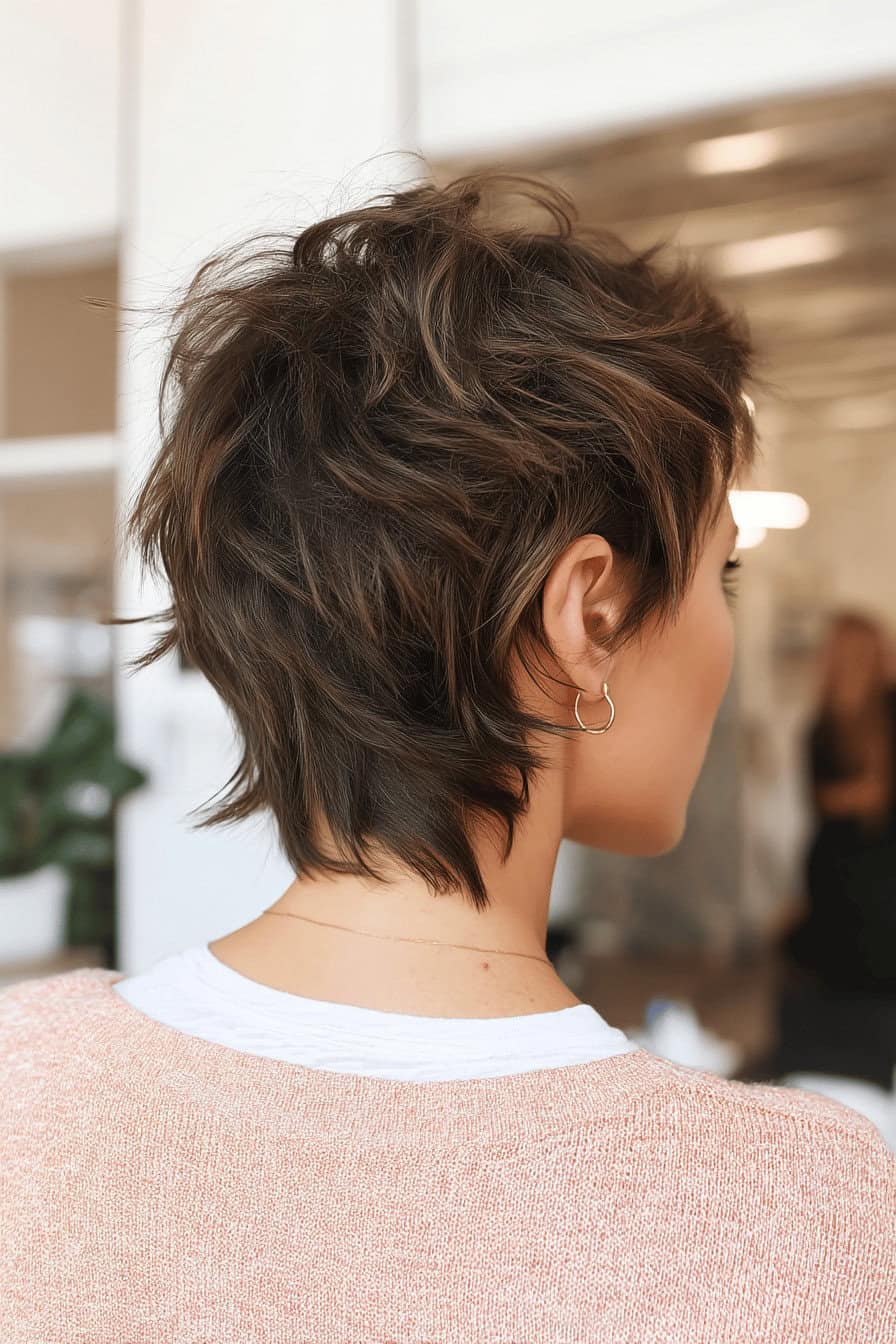 Frau mit einem fransigen, unordentlichen Shag Haarschnitt in einem Raum.