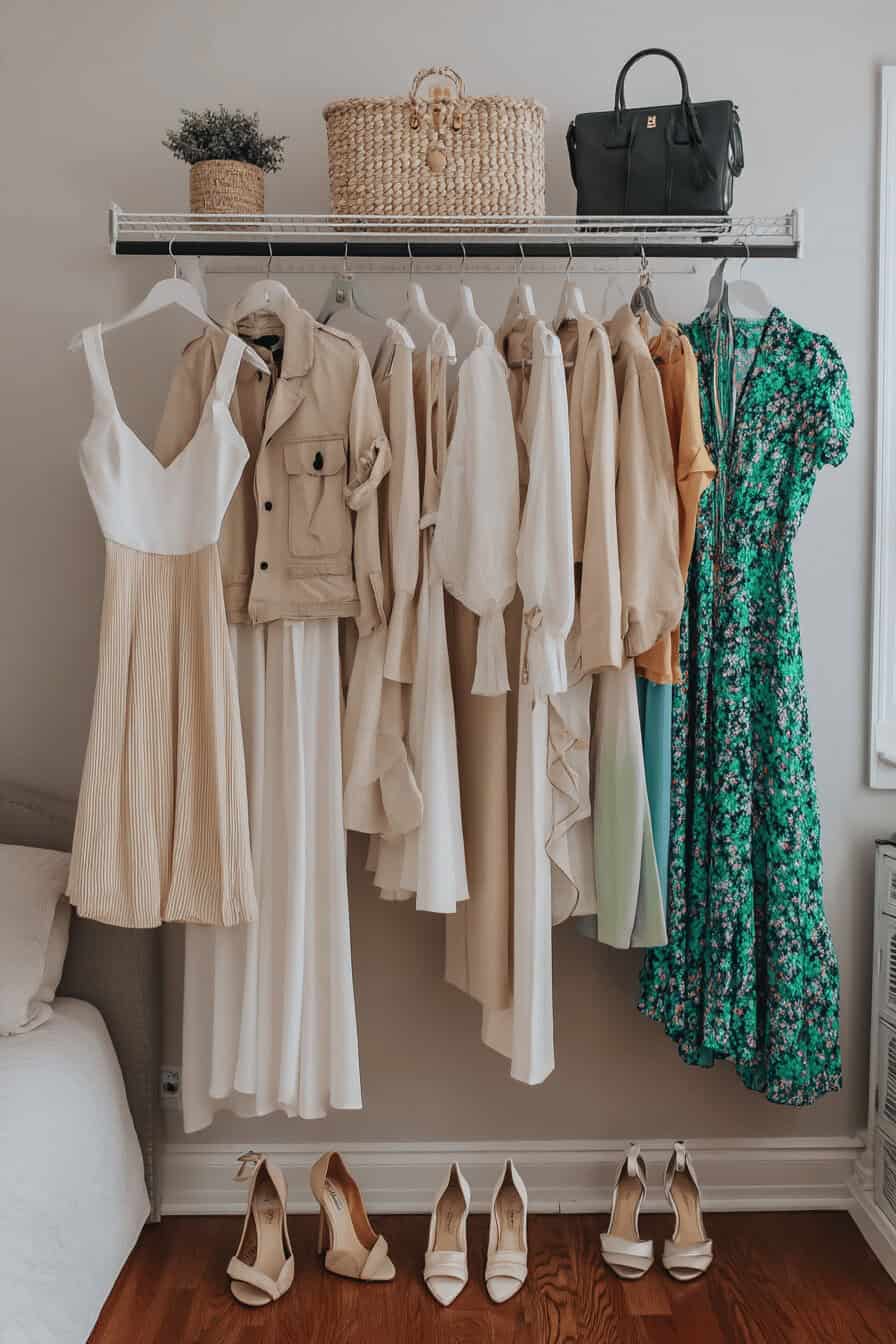 Eine Auswahl an minimalistischer Frühlingskleidung auf einer Kleiderstange mit Handtaschen und Schuhen.