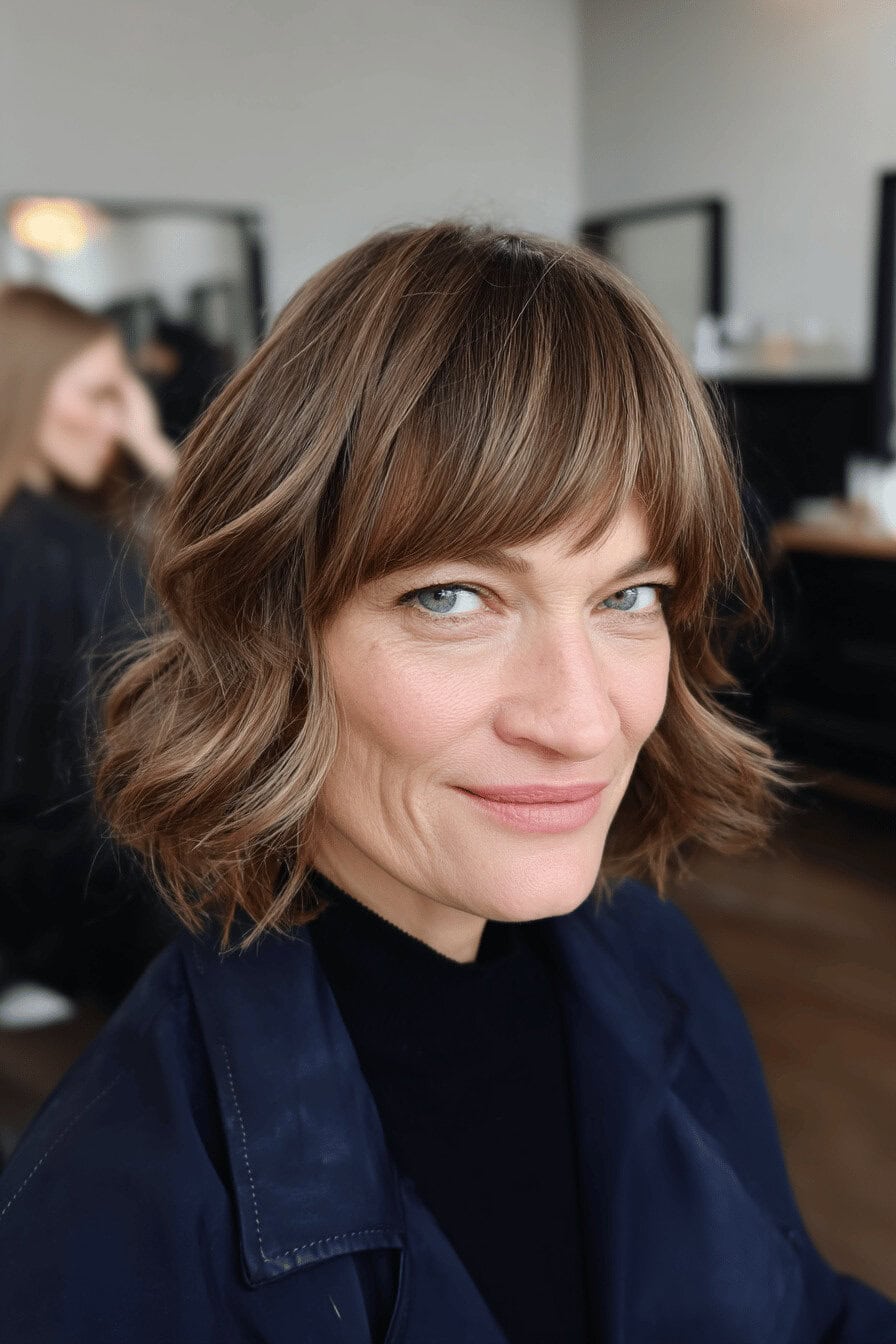Frau mit mittellangem, gewelltem Haar und Pony im Friseursalon.