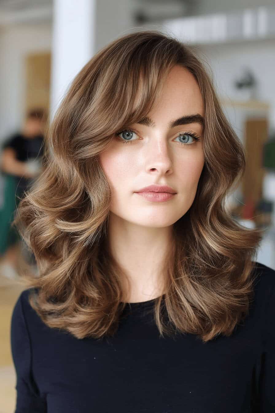 Frau mit mittellangem, voluminösem Haar in einem stilvollen Look.