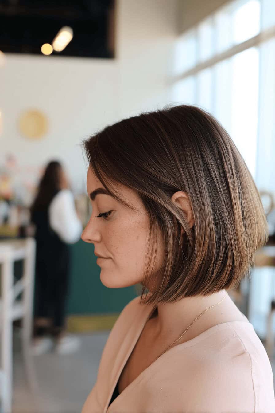 Frau mit einem glatten, modernen Long Bob, seitliches Profil