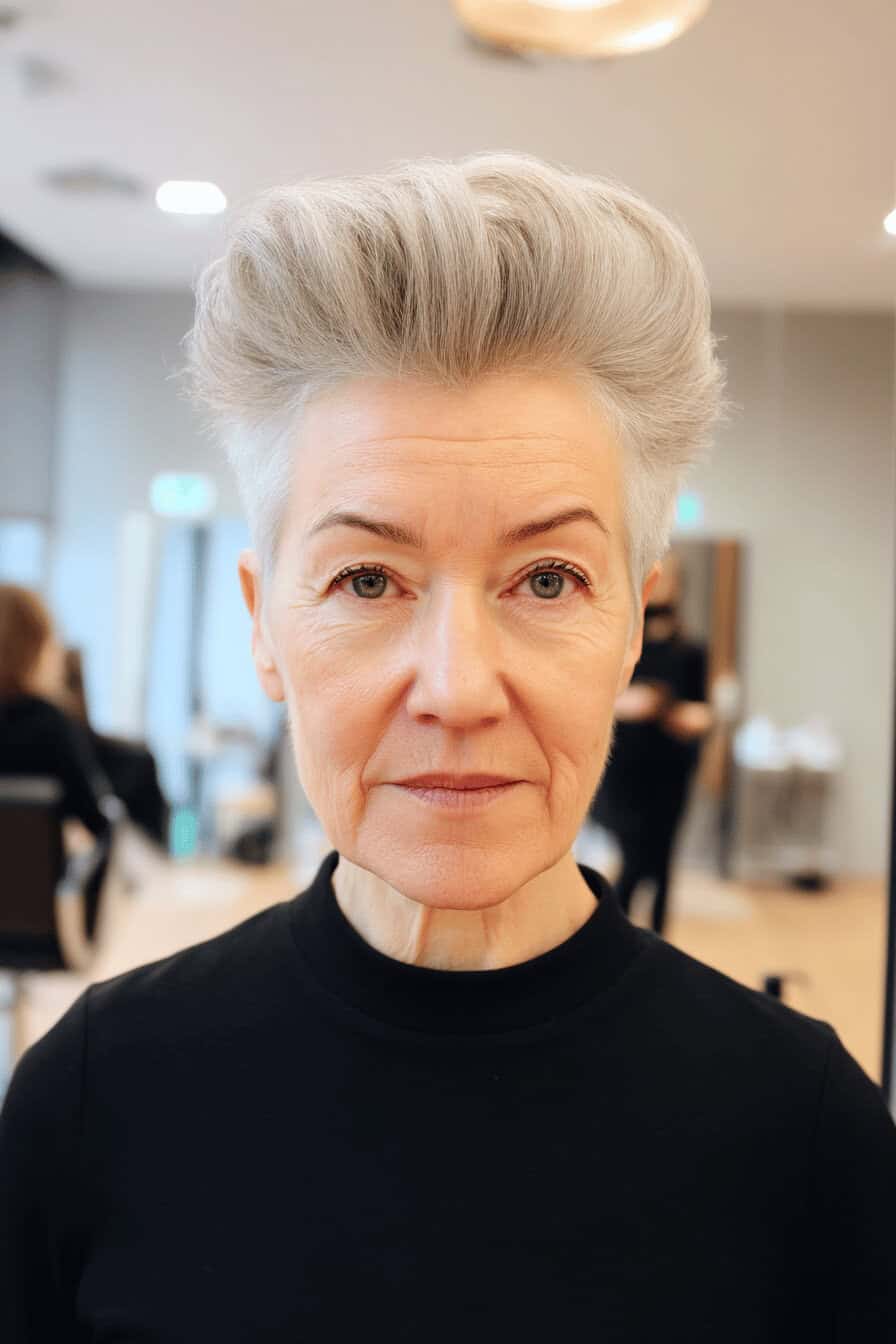 Ältere Frau mit kurzem, voluminösen grauen Pompadour im Friseursalon.