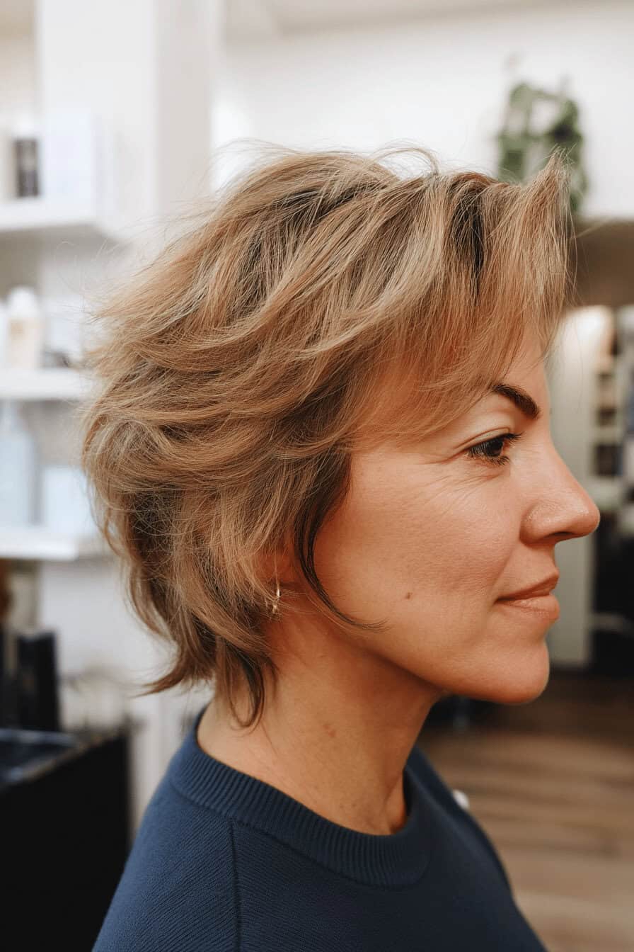 Frau mit einem modernen, zerzausten Shag-Haarschnitt für kurze Haare.