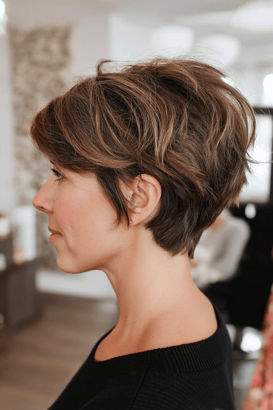 Profilansicht einer Frau mit modernem Shag-Kurzhaarschnitt in einem Innenraum.