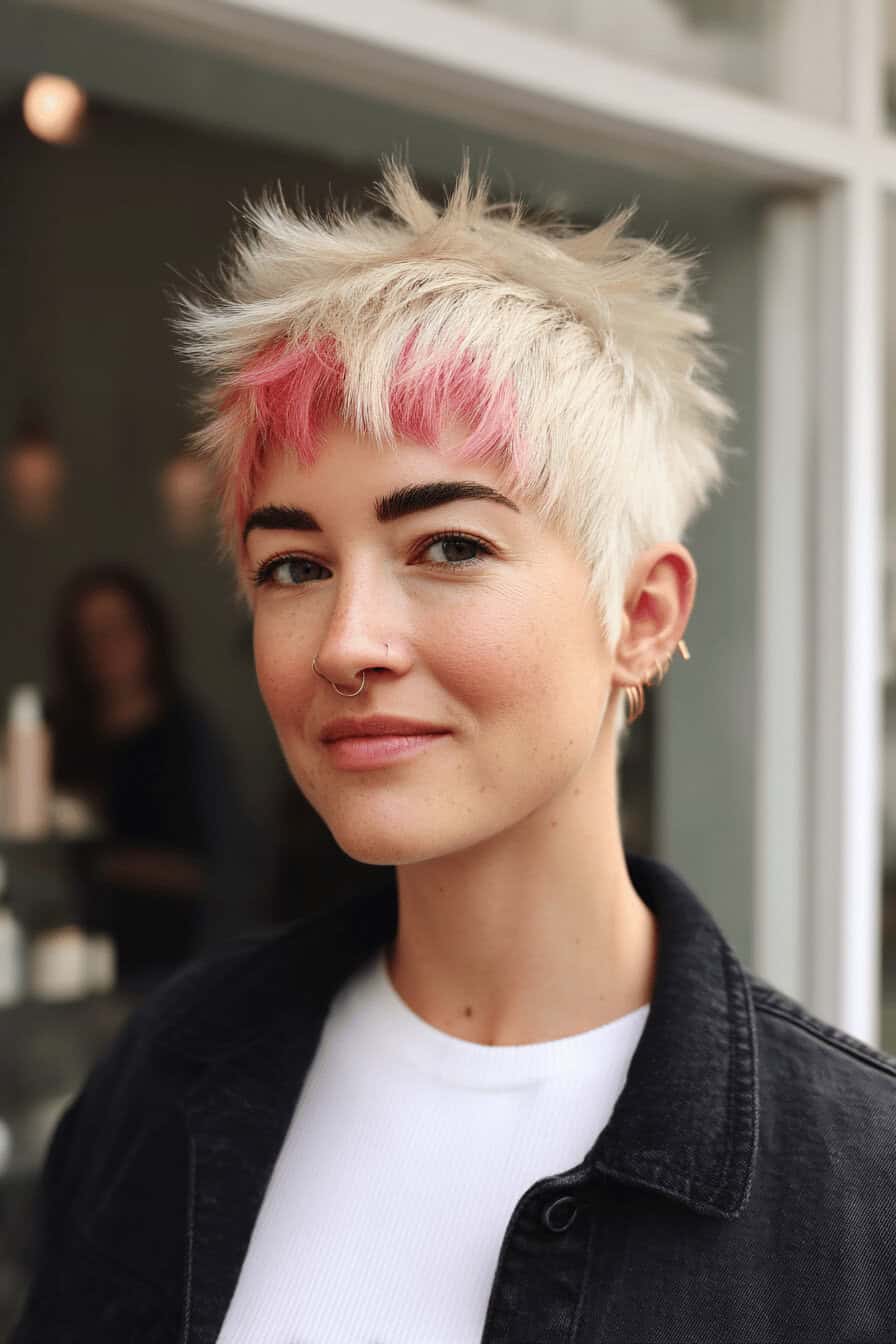 Person mit kurzem, platinblondem Haar und pinken Akzenten in einem modernen Shag-Stil.