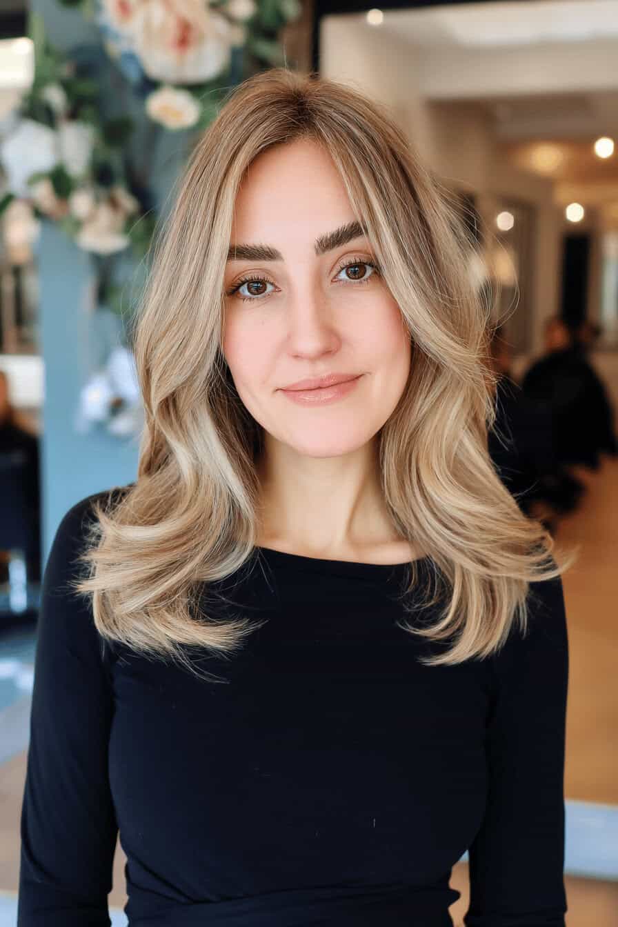Eine Frau mit mittellangem, feinem Haar und natürlichen Highlights.