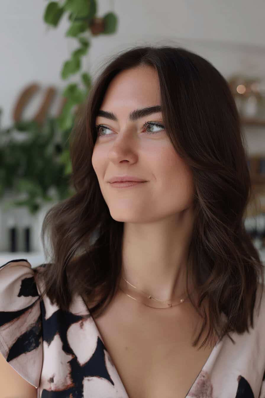 Frau mit mittellangem, offenem Haar, die zur Seite schaut.