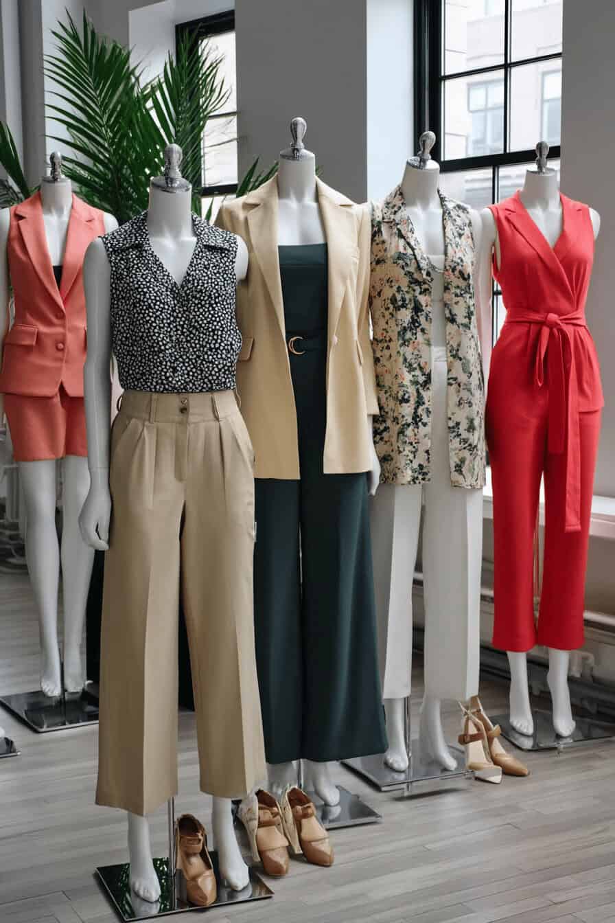 Schaufensterpuppen in einem hellen Raum, die elegante Office Outfits tragen, darunter Hosenanzüge und Kleider.